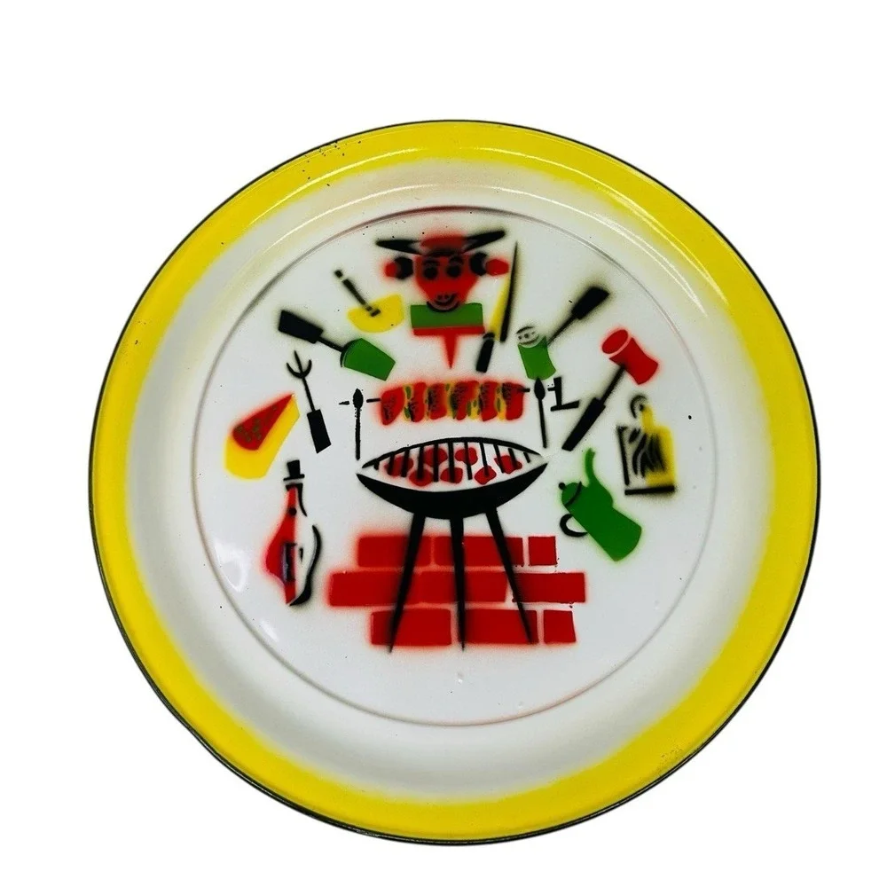 Vintage 1960's Round Colorful Enamel Tin‎ BBQ Large Serving Platter Tray MCM